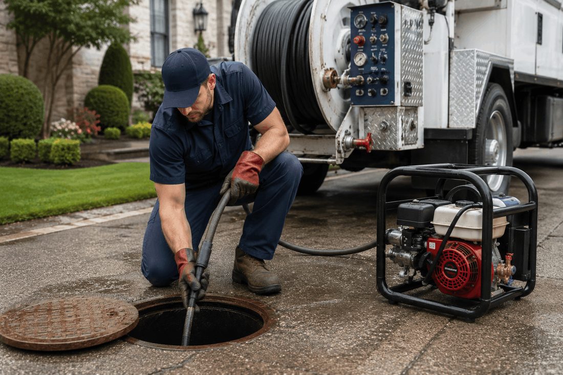 Plumber using a drain snake machine to clear a clogged drain under a sink