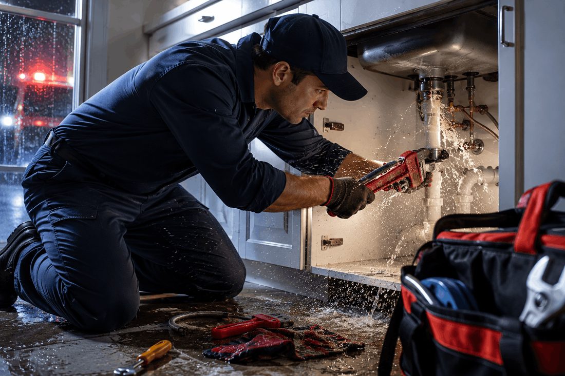 Plumber locating and repairing a hidden water leak under a sink in Northern NJ