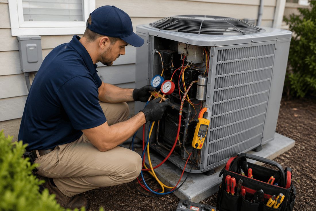 Plumber installing a sump pump in a basement pit to prevent flooding
